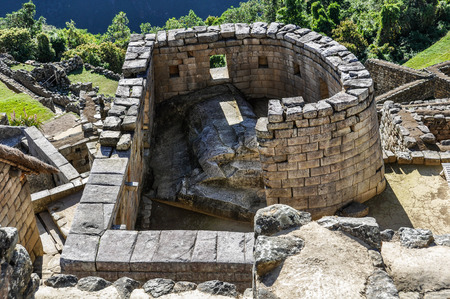 Temple of the sun at Machu Picchu, the sacred city of Incas, one of the New 7 Wonders of the World, Peruの写真素材