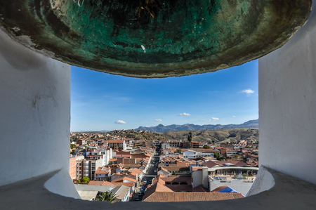 Aerial view of downtown Sucre with a bell from Felipe Neri monastery, Boliviaの写真素材
