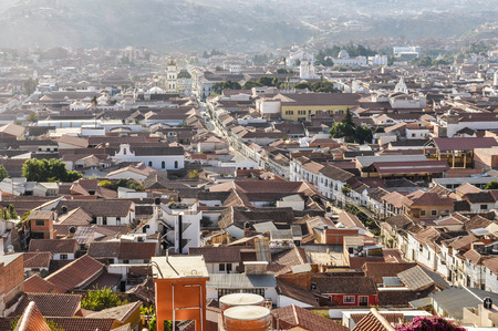 Aerial view of downtown Sucre with the cathedral from Felipe Neri monastery, Boliviaの写真素材