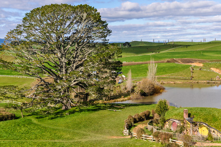 View of the village in Lord of the Rings location Hobbiton, Matamata, New Zealandのeditorial素材