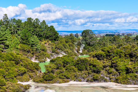 Lakes in the wonderland of the Wai-o-tapu geothermal area, near Rotorua, New Zealandの写真素材