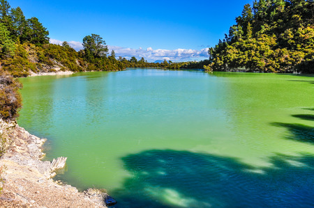 Water pond in the wonderland of the Wai-o-tapu geothermal area, near Rotorua, New Zealandの写真素材