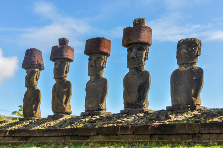 Moai statues standing on Anakena Beach in Easter Island, Chileの写真素材