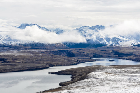View of Lake Tekapo from above, Southern Island of New Zealandの写真素材