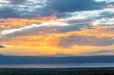 The colors of sunset at Lake Eyasi, Tanzaniaの写真素材