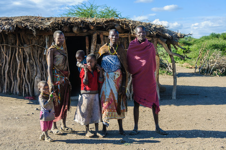 A Datoga family in front of their home at Lake Eyasi, Tanzaniaのeditorial素材