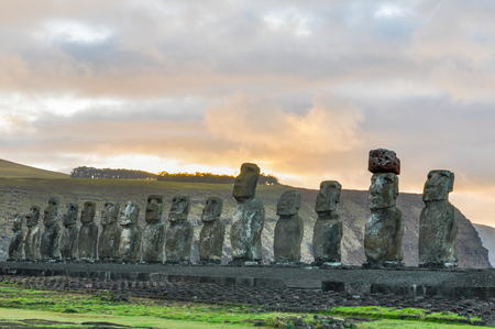 HDR Photo of the sunrise at the Ahu Tongariki moai site on the coast of Easter Island, Chileの写真素材