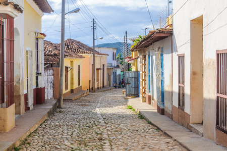 Colorful houses on the cobblestone streets in the  city center of Trinidad, Cubaの写真素材