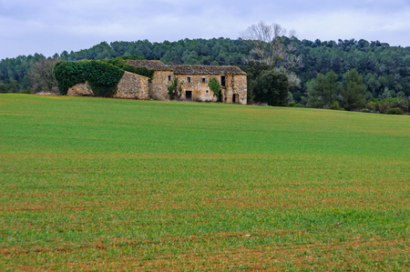 Abandoned country house and green fields in the countryside of Catalonia, SPainの写真素材