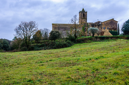 The Catholic Church in the medieval village of Galliners in Catalonia, Spainの写真素材