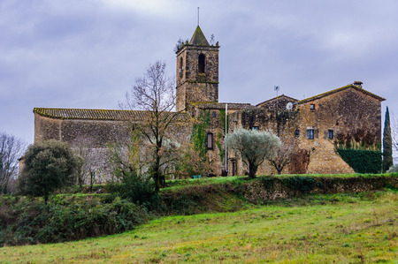The Catholic Church in the medieval village of Galliners in Catalonia, Spainの写真素材