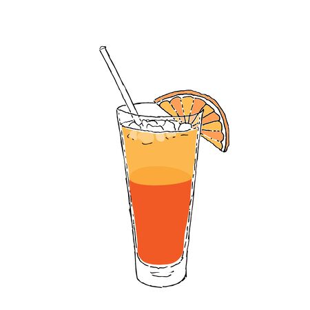 Cocktail in a glass decorated with orange and tube. Colorful sketch, hand drawing. Outline, doodle. Vector illustrationのイラスト素材