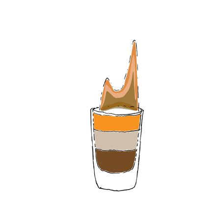 B 52 Cocktail with fire. The layers in the glass. Colorful sketch, hand drawing. Outline, doodle. Vector illustrationのイラスト素材