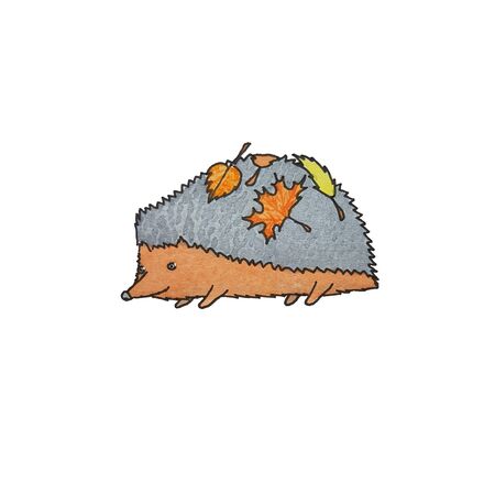 Hedgehog with few leaves on his back. Colorful watercolor hand drawing sketch. Background can be printed on textile, wallpaper, wrapping paper, greeting cards, children illustration, etc.の写真素材