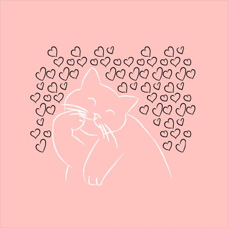 Silhouette of a white cat in hearts. Line art doodle sketch. Outline on pink background. Picture can be used in greeting cards, posters, flyers, banners, logo etc. Vector illustration. EPS10のイラスト素材