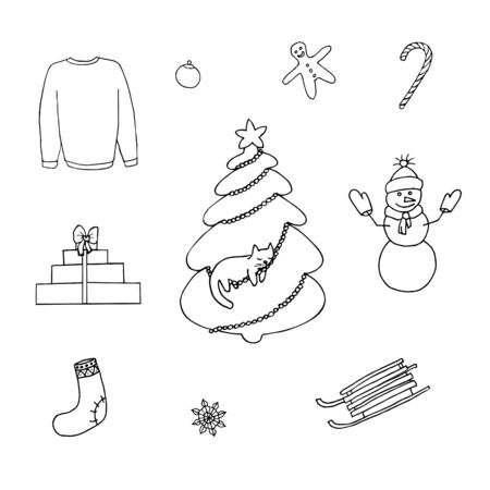 Winter set of elements - christmas tree, snowman, sleigh, sock, presents, gignerbread man, sweater, sweet cane, snow flake. Black outline on white background. Picture can be used in christmas and new year greeting cards, posters, flyers, banners, logo etc. Vector illustration.のイラスト素材