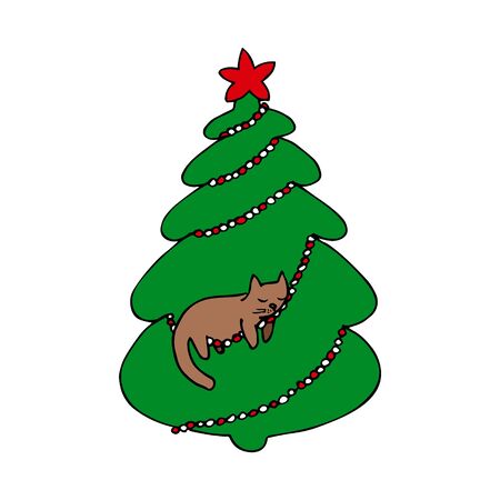 Christmas tree with a sleeping cat in it. Colorful outline on white background. Picture can be used in christmas and new year greeting cards, posters, flyers, banners, etc. Vector illustration.のイラスト素材