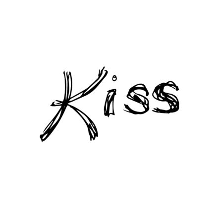 Word Kiss. Hand drawing sketch for Valentines Day. Black outline can be printed on textile, wallpaper, wrapping paper, greeting cards, used in banner, landing page. Vector Illustration.のイラスト素材
