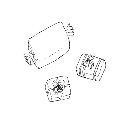 Presents boxes set with decoration. Black outline on white background. Picture can be used in any holiday greeting cards, posters, flyers, banners, etc. Vector illustration.のイラスト素材