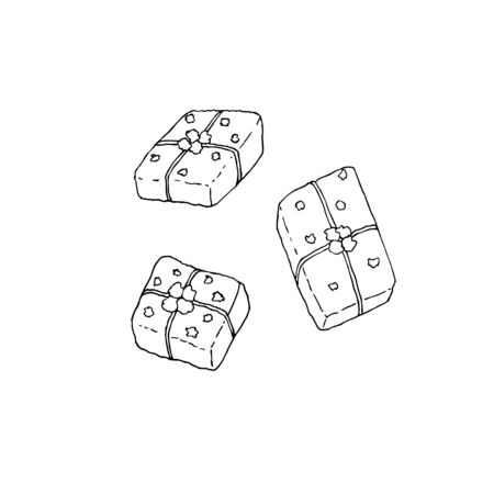 Presents boxes set with decoration. Black outline on white background. Picture can be used in any holiday greeting cards, posters, flyers, banners, etc. Vector illustration.のイラスト素材