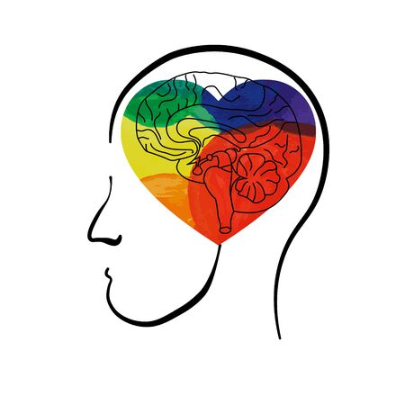 Man with brains and heart. Line art doodle sketch. Black outline on white background.のイラスト素材