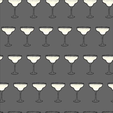 Margarita Cocktail seamless pattern. Hand drawing sketch outlines on grey backgroundの写真素材