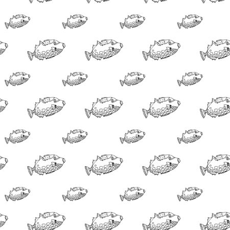 Clown trigger fish seamless pattern. Hand drawing sketch. Black outline on white background.のイラスト素材