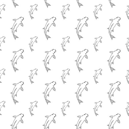 Koi fish seamless pattern. Hand drawing sketch. Black outline on white background.のイラスト素材