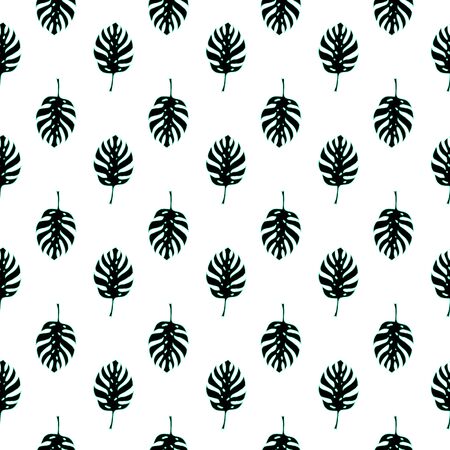 Monstera plant leaf seamless pattern. Mint and black line art doodle sketch on white background.のイラスト素材