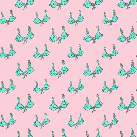 Bra seamless pattern on pink background. Summer clothes and accessories. Cartoon doodle watercolor sketch illustrationの写真素材