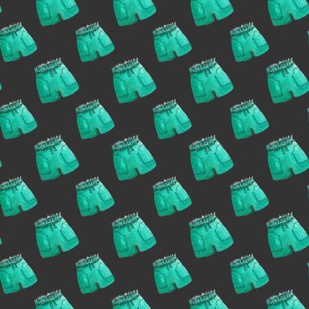Shorts seamless pattern on grey background. Summer clothes and accessories. Cartoon doodle watercolor sketch illustrationの写真素材