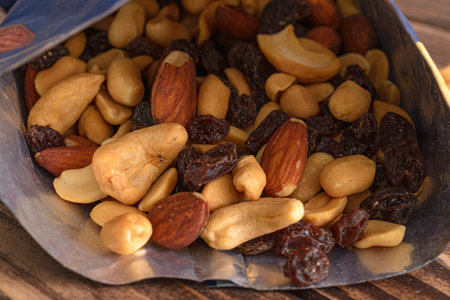 Various mixed nuts in packageの写真素材
