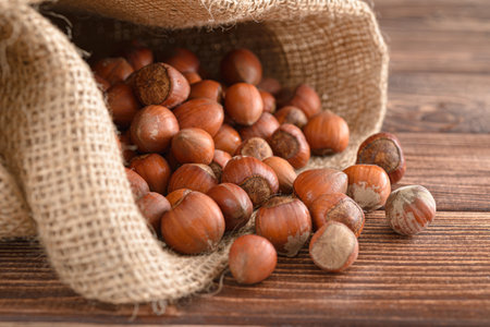 hazelnut scattered from burlap on wooden tableの写真素材