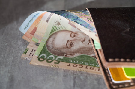 Ukrainian five hundred hryvna banknote inside wallet with payment cards, payment conceptの写真素材