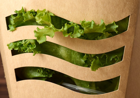 Fresh green lettuce in cartoon box close-upの写真素材