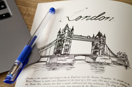 London bridge painted on copybook and pen on laptop. English language learning conceptの写真素材