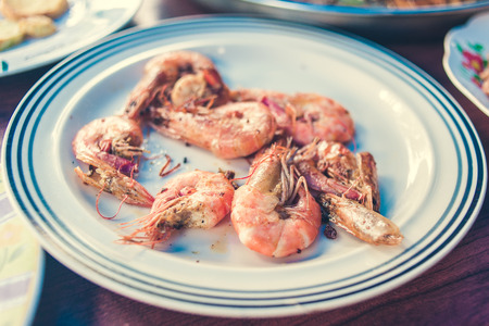 Dry shrimps on the plate. fresh seafoodの写真素材