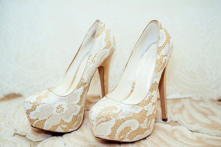 White shoe of the Bride . wedding theme background.の写真素材