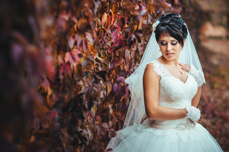 portrait of beautiful young bride holding bright bouquet of flowers in hands. wedding celebration. reception. nature green background. woman alone outdoors in park.の写真素材