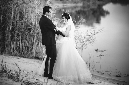 wedding: bride and groom on the seashore. Honeymoon. The bride and groom hugging on the shore of Lake. groom and bride hugging on a green lake. Groom and Bride in a park. wedding dress. Bridal wedding bouquet of flowersの写真素材