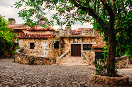 Road in park. Ancient village Altos de Chavon - Colonial town reconstructed in Dominican Republic. Casa de Campo, La Romana, Dominican Republic. Ponderosa-style, tropical seaside resort.の写真素材