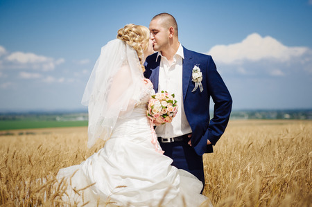 young beautiful wedding couple hugging in a field with grass earedの写真素材