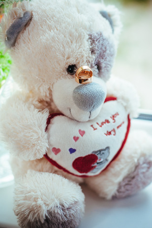 Photo of toy teddy bear with wedding ringsの写真素材