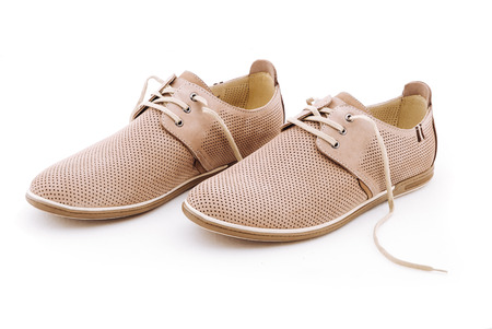 Mens beige elegant leather shoes,  isolated on white background.の写真素材