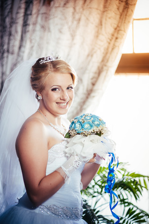 Beautiful bride in a luxurious restaurant. Vintage styleの写真素材