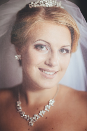 Beautiful bride in a luxurious restaurant. Vintage styleの写真素材