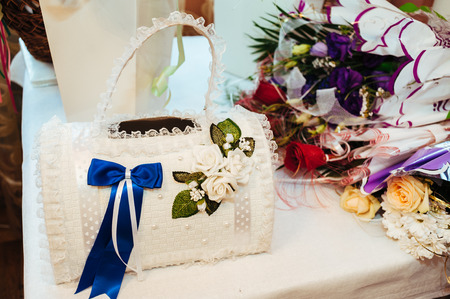 Head table for the newlyweds at the wedding hall.の写真素材