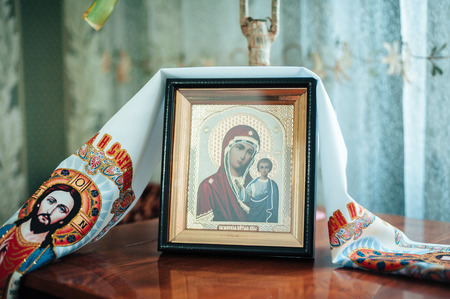 Icon and homemade Embroidered wedding Towel. closeupの写真素材