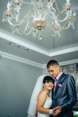 Charming bride and groom on their wedding celebration in a luxurious restaurant.の写真素材