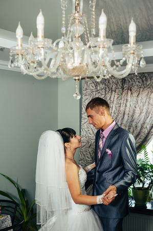 Charming bride and groom on their wedding celebration in a luxurious restaurant.の写真素材